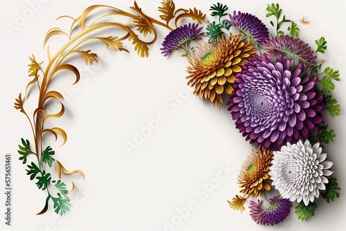 Purple Chrysanthemum with golden leaves on white background.