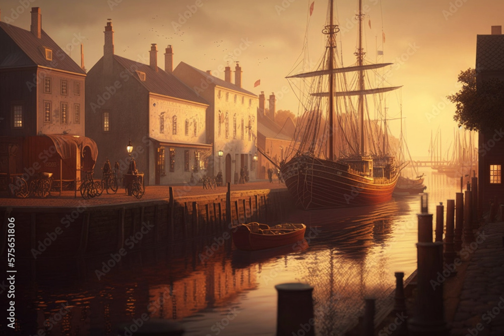 Golden Gateway: Illustration of a Martine Port at Sunset. AI generated.