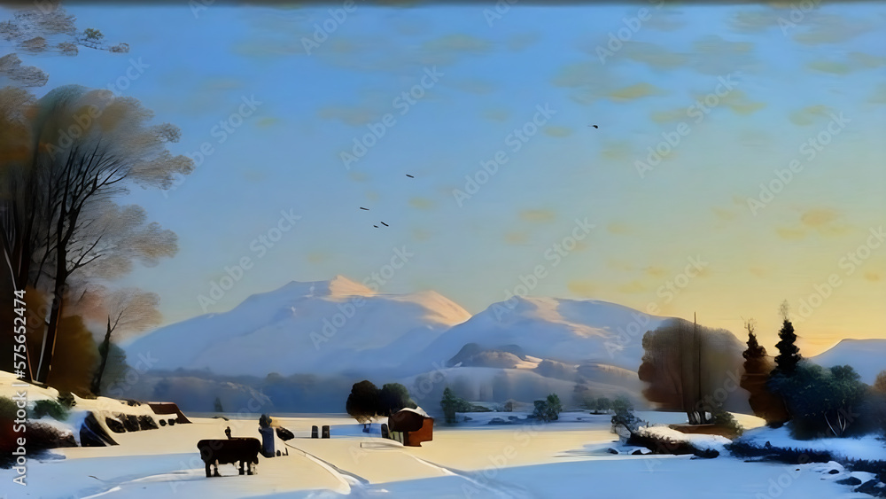 Winter landscape with forest, trees covered with snow, and sunrise. the winterly morning of a new day - AI Generative Illustration