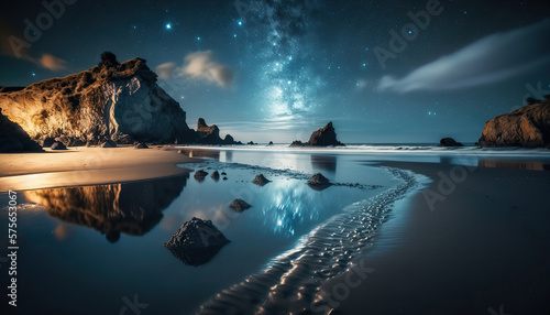 Beautiful night seascape with starry sky, ocean sandy coast and rocks. Exotic landscape. Horizontal outdoor wild nature background. AI generative image.