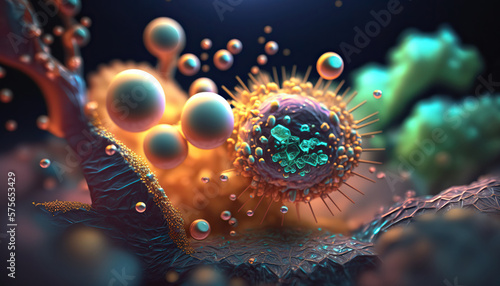 Abstract scientific microbiology background with microscopic organisms, bacteria and viruses. AI generative image.