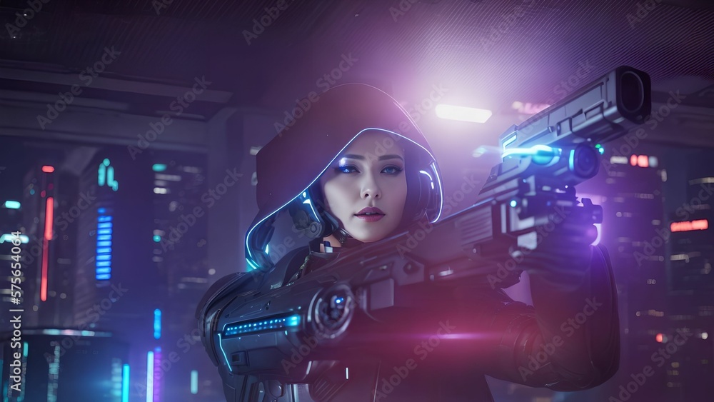 futuristic sci-fi asian woman shooting a gun, generative art by A.I. futuristic sci-fi asian woman shooting a gun, generative art by A.I.