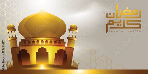 Ramadan kareem concept horizontal banner background with realistic vector 3d of dome and moon golden color. Elegant theme vector eps10