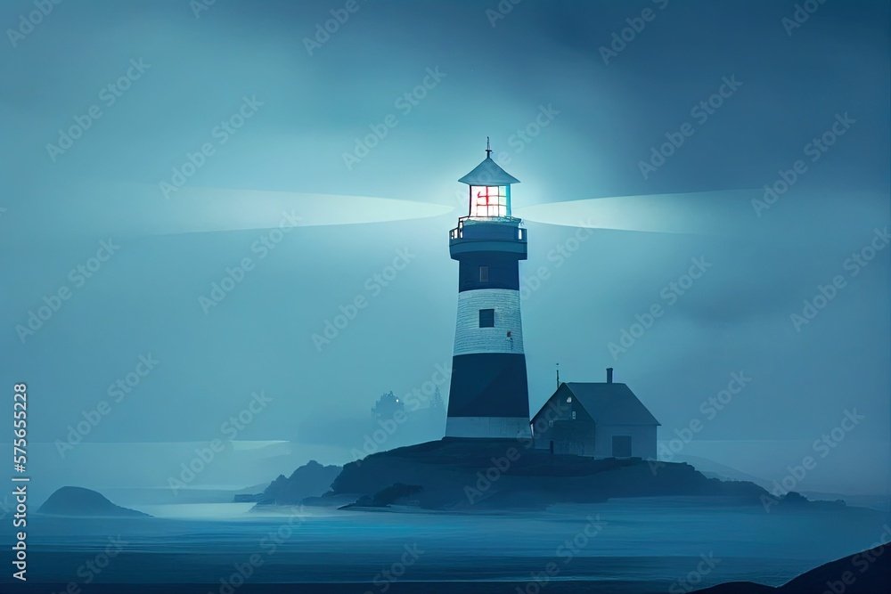 Lighthouse illuminating the area in the dark by generative AI Lighthouse illuminating the area in the dark by generative AI