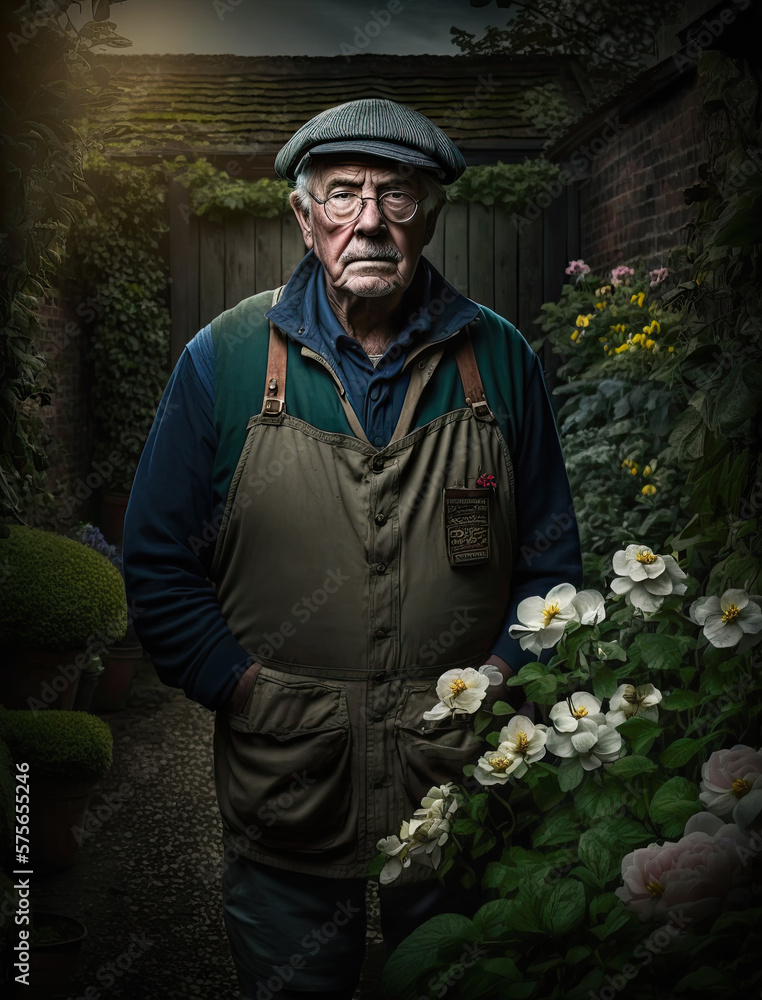 Male Gardener portrait wearing green gardening clothing-Male worker-Generative AI