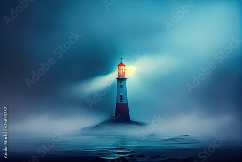 Lighthouse illuminating the area in the dark by generative AI