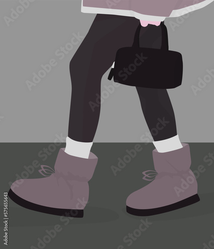 Vector flat image of a girl in warm clothes. A girl in dutik, socks, leggings and a sheepskin coat. Design for avatars, posters, backgrounds, templates, banners, textiles.