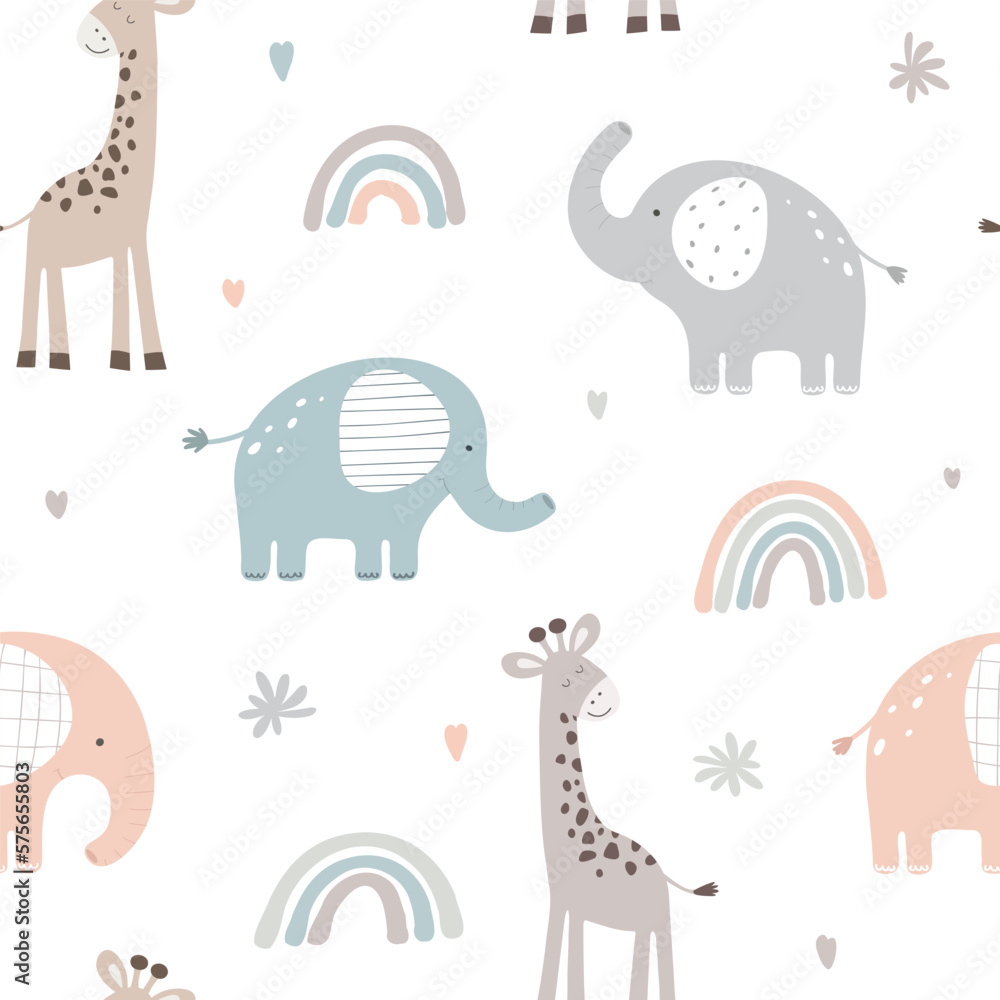 Seamless pattern with cute elephant and giraffe on white background. Vector illustration in flat style. - obrazy, fototapety, plakaty 