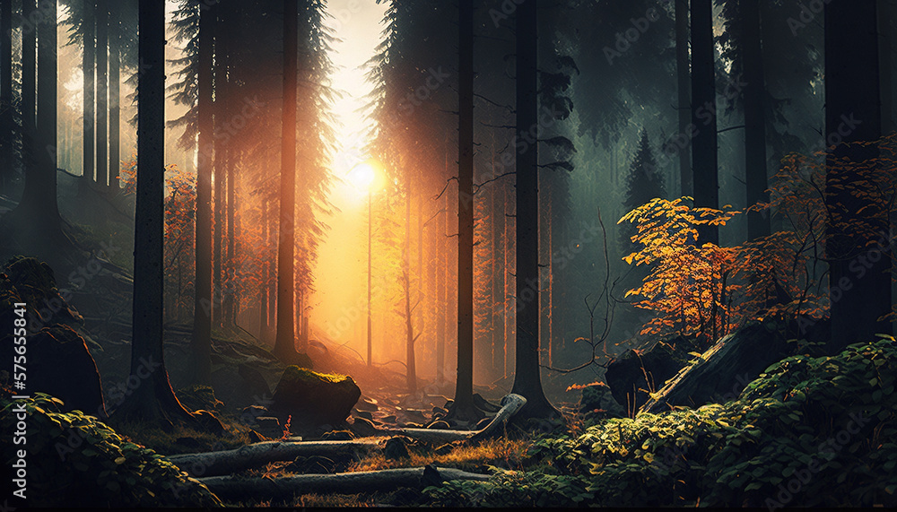 Magical Sunlit Forest .Generative AI Magical Sunlit Forest .Generative AI
