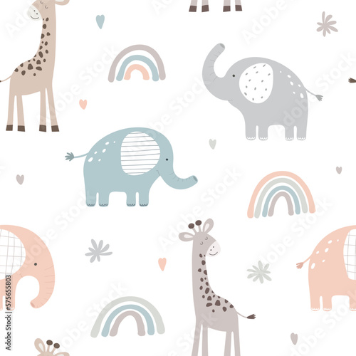 Seamless pattern with cute elephant and giraffe on white background. Vector illustration in flat style.