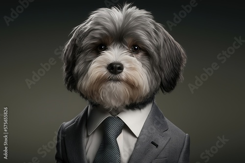 Havanese dog in business suit. Photorealistic studio shot with grey background. Funny Wallpaper. Generative AI.