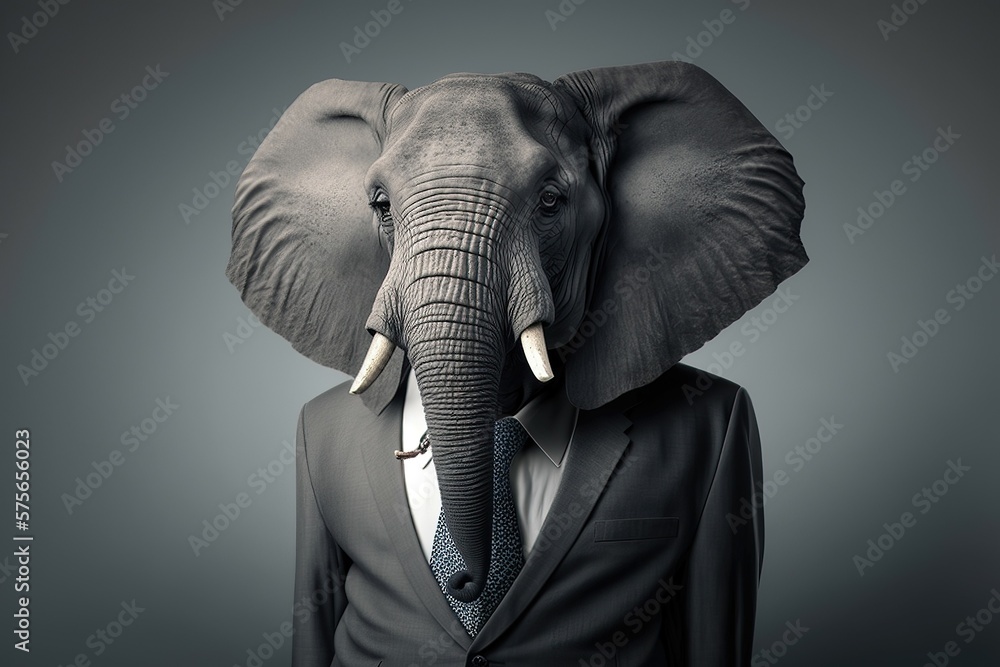 Obraz premium Elephant in business suit. Photorealistic studio shot with grey background. Funny Wallpaper. Generative AI.