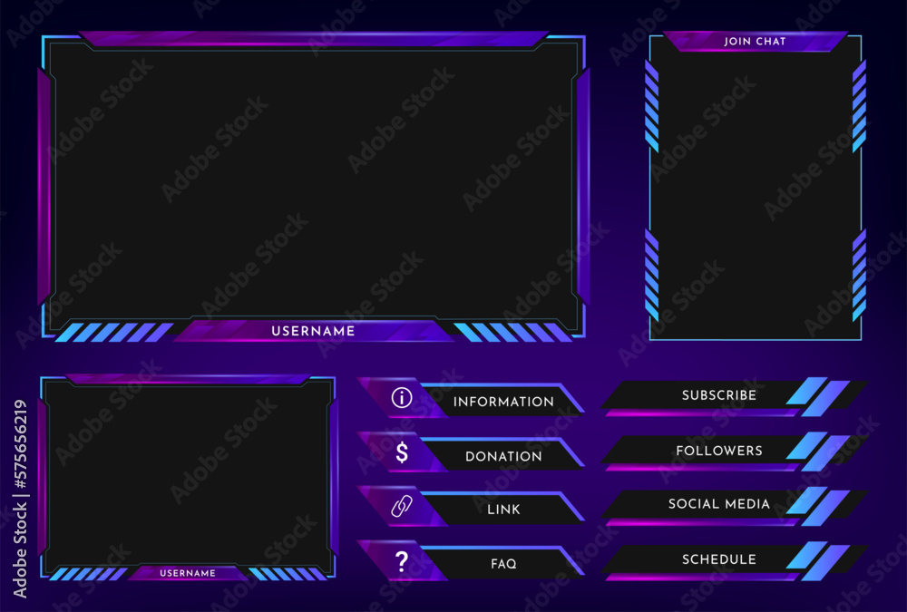 Twitch stream overlay panel template with neon theme. Digital streaming