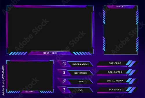 Twitch stream overlay panel template with neon theme. Digital streaming screen interface. Live video stream. Vector