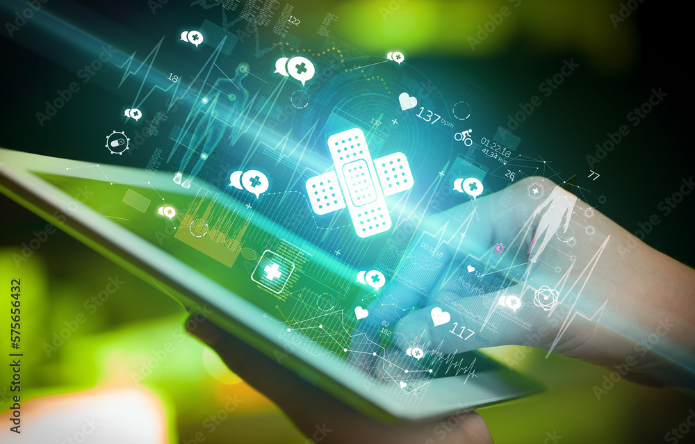 Close-up of a touchscreen with healthcare icons Close-up of a touchscreen with healthcare icons