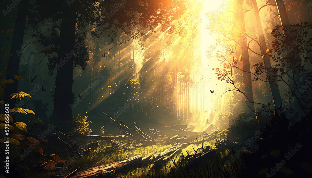 Magical Sunlit Forest .Generative AI