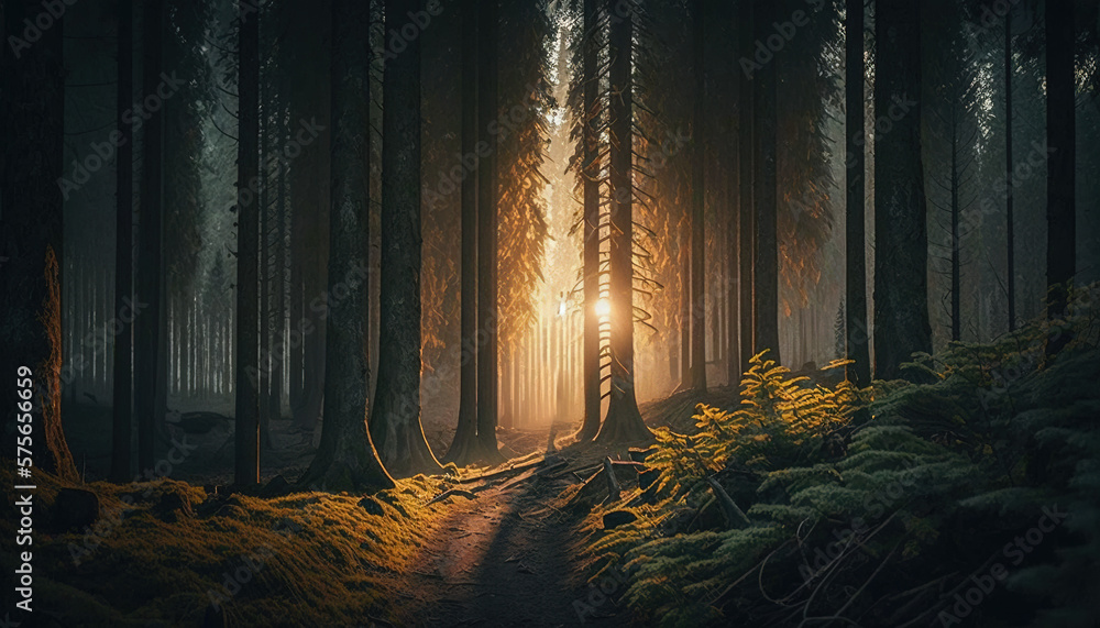 Magical Sunlit Forest .Generative AI