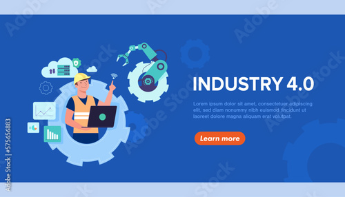 Banner of working people with clever device for industry 4.0