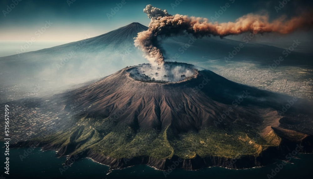 Aerial view of the volcano with smoke and ash erupting from the crater, Generative AI