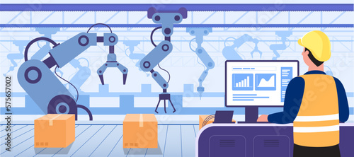Assembly line with robotic arms control by engineer