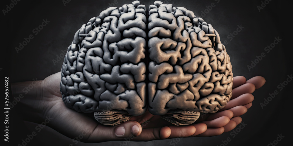 Hand holding brain carefully symbolic of mental health - Generative AI