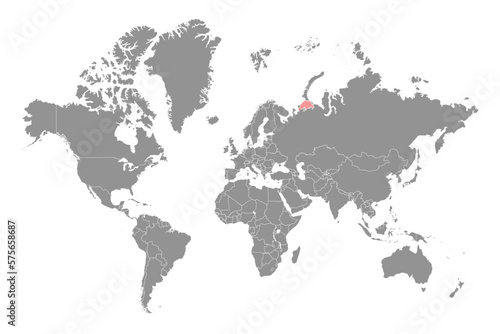 Pechora sea on the world map. Vector illustration.