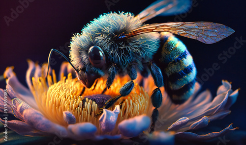 A close-up of a bee collecting nectar from a blooming flower, its fuzzy body in sharp focus