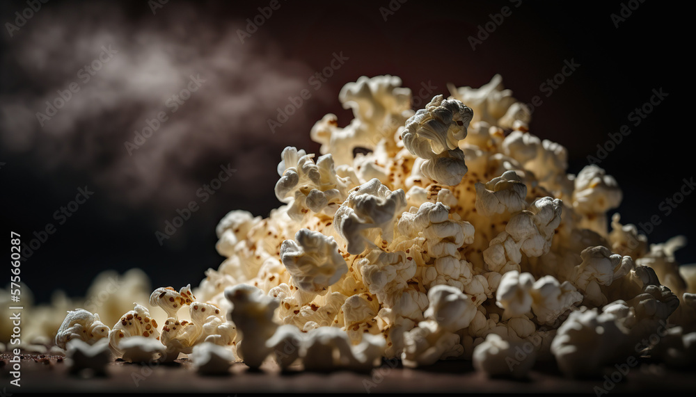 Close up hot popcorn on dark background. AI generative image. Close up hot popcorn on dark background. AI generative image.