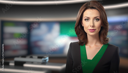 Beautiful caucasian female TV show news presenter, newsreader woman in studio. AI generative image.