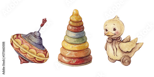 Set of watercolor vintage illustrations with kids toys: whirligig, pyramid, duck on wheels. Isolated on white.