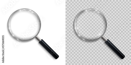 Magnifying glass, big tool instrument with shadow on different background – vector