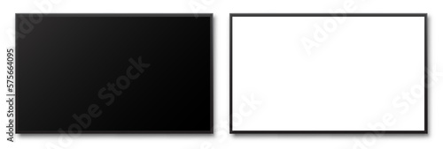 Realistic TV screen. Empty TV frame. Modern stylish lcd monitor, led type. Blank television template with black and white screen – stock vector