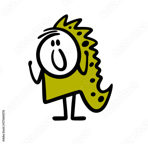 Cute little child in costume of dinosur playing in school theatr performance.