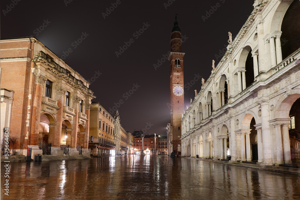 Night view of Vicenza City in Italy with reflections of lights