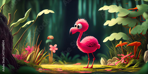 Adorable pink flamingo bird in an enchanted natural forest