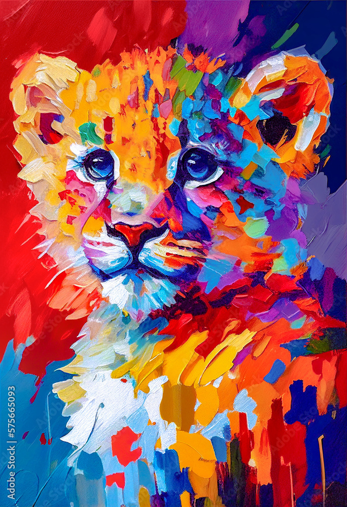 Lion cub colorful palette-knife painting
