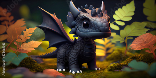 Adorable black dragon - kawaii and cute with red scales in a magical forest
