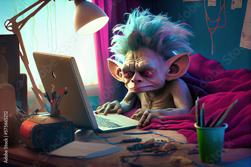 Internet troll - online troll in a dusky bedroom angrily focused on writing hateful comments. 