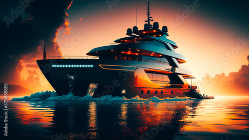 Luxury motor yacht on the ocean at sunset