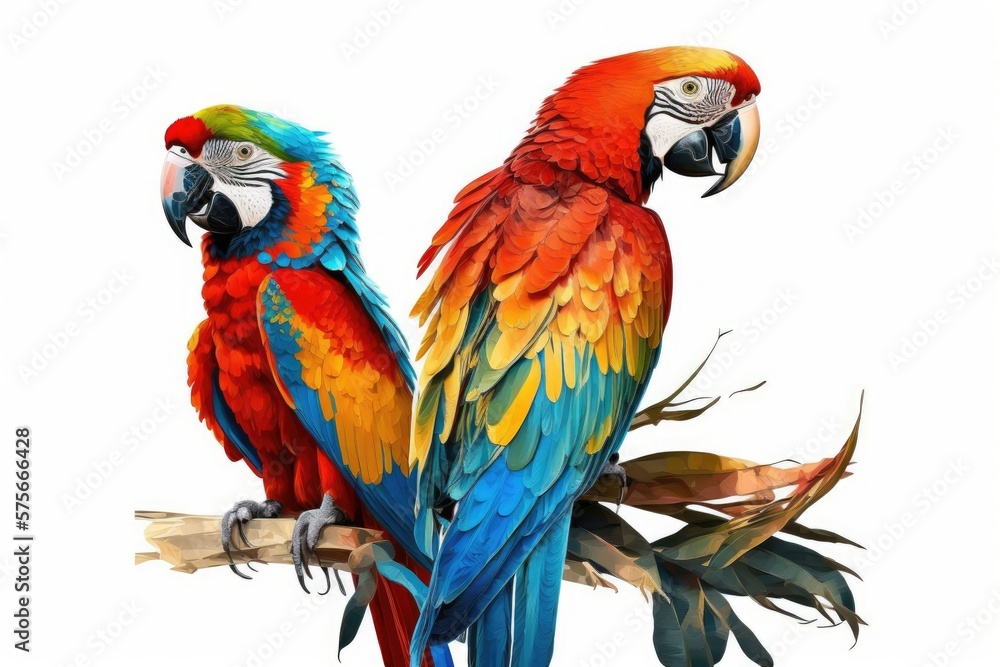 Brilliant macaw parrots on a white background. Generative AI