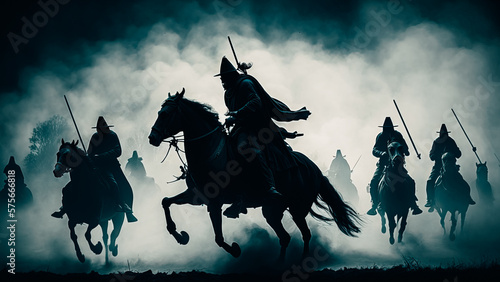 Fotografering Medieval battle scene with cavalry and infantry