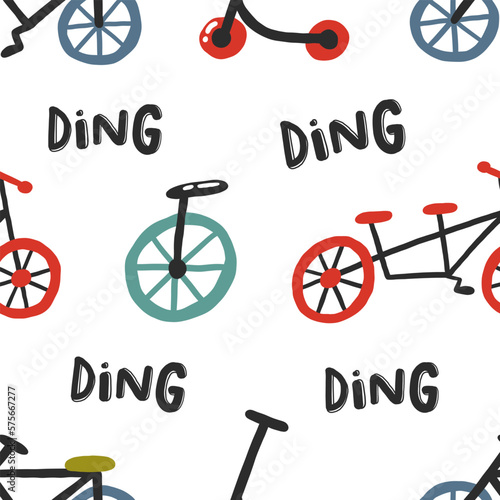 Cartoon seamless pattern with bikes, monocycle, kick scooters. Cute childish background. Colorful vector print with urban transportation. Kid backdrop for textile, fabric, paper, games, play mat
