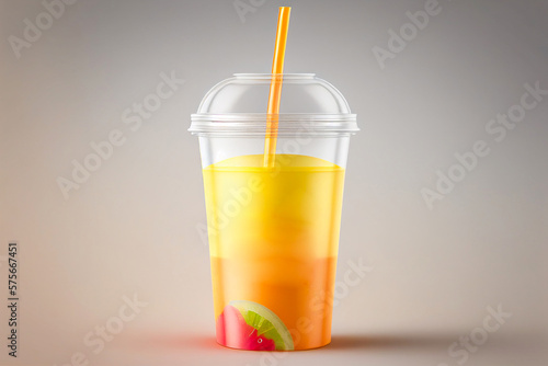 Filled with orange juice and empty transparent disposable plastic cup with lid and drinking straw mockup set. realistic illustration isolated on transparent background. Generative
