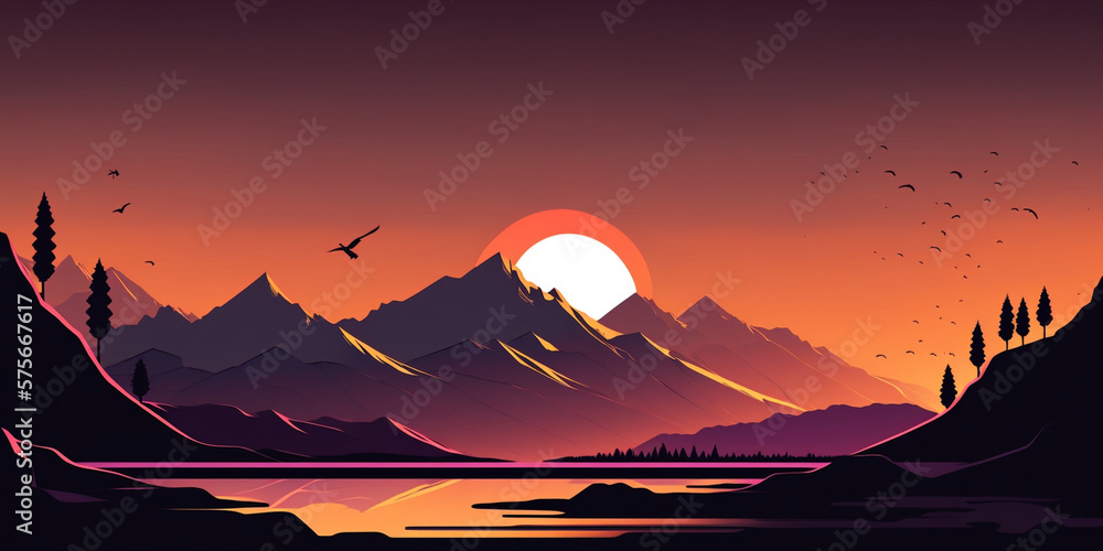 Cartoon minimalist, landscape, background, Generative IA Stock