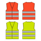 Set of color illustration with protective vest with reflective stripes. Isolated vector objects on a white background.