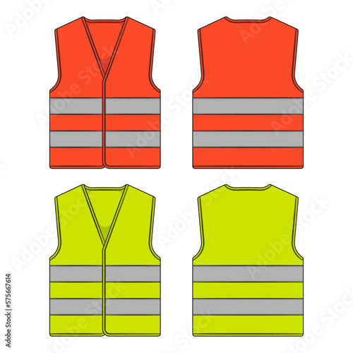 Set of color illustration with protective vest with reflective stripes. Isolated vector objects on a white background.