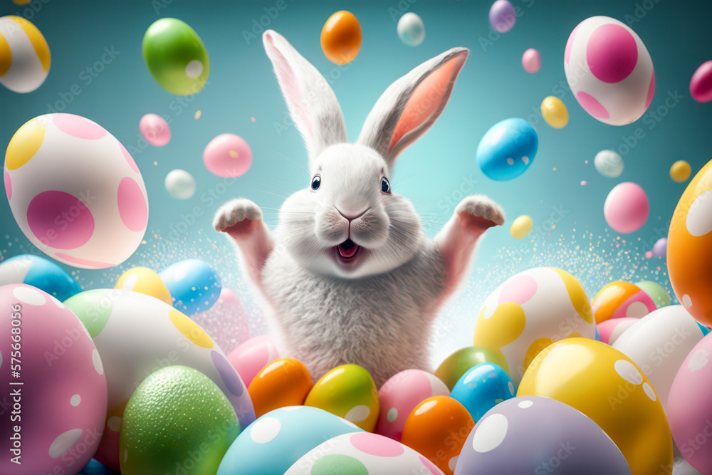 Happy Easter Bunny with many colorful easter eggs. Generative AI. - obrazy, fototapety, plakaty 