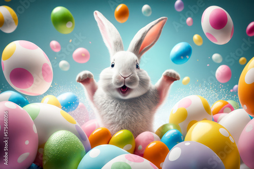 Canvastavla Happy Easter Bunny with many colorful easter eggs. Generative AI.