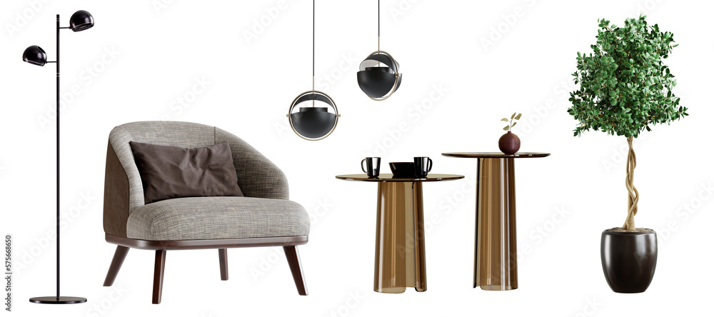 Various elements for use in interior design, isolated on transparent background. 3D render. 3D illustration.