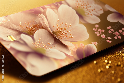 Minimalist sakura cherry blossom pink and gold greeting card template illustration